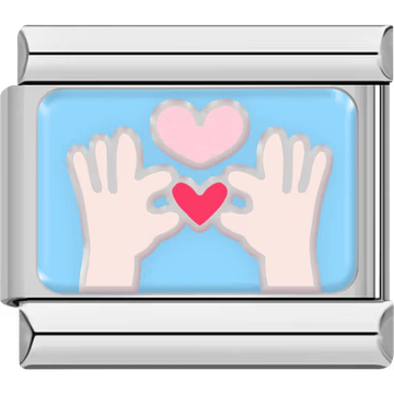 Two hands forming a heart shape with a pink heart above and a red heart in the center on a light blue background.